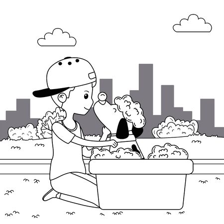 Boy with dog cartoon design, Mascot pet animal nature cute and puppy theme Vector illustrationのイラスト素材