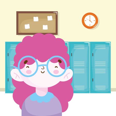 happy little girl in the hall school lockers clock board vector illustrationのイラスト素材