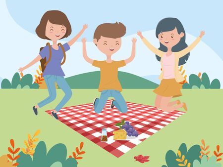 women and man grapes cheese blanket meadow picnic landscape vector illustrationのイラスト素材