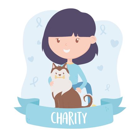 volunteering, help charity teen woman with dog rescue banner vector illustrationのイラスト素材