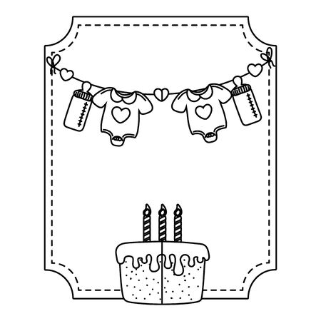 square frame and baby birthday elements, cake and candles, baby clothes and feeding bottle black and white vector illustration graphic designのイラスト素材