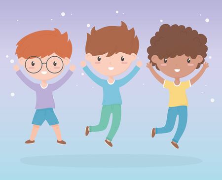 happy childrens day, cute little boys cartoon characters celebration vector illustrationのイラスト素材