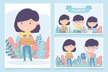 volunteering, help charity young people donation protection giving cards vector illustrationのイラスト素材