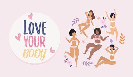 poster of girls wearing underclothes with flowers and plants to love yurself vector illustrationのイラスト素材