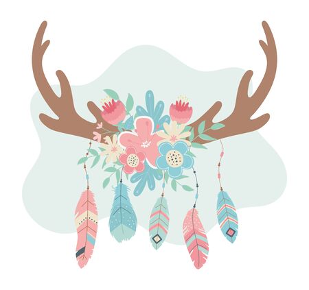deer horns with flowers and feathers boho style vector illustration designのイラスト素材