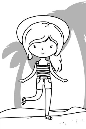 happy girl child with shirt and shorts at beach cartoon summer and travel vector illustration editable design in black and whiteのイラスト素材