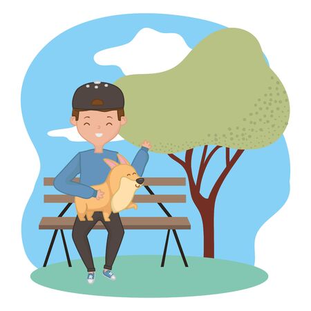 Boy with dog cartoon design, Mascot pet animal nature cute and puppy theme Vector illustrationのイラスト素材