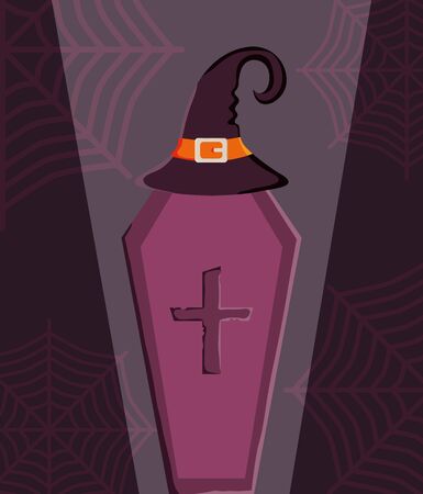 coffin and hat trick or treat - happy halloween vector illustrationのイラスト素材