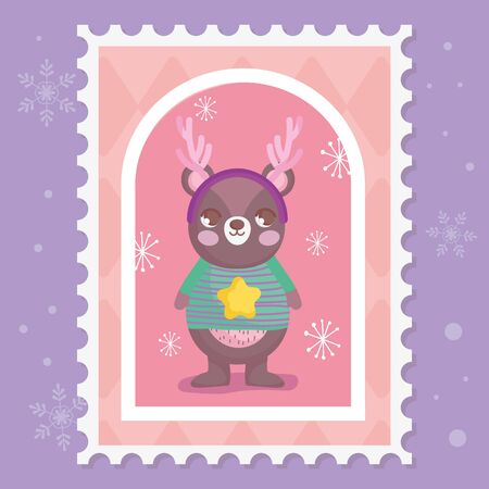 bear with scarf horns and sweater merry christmas stampのイラスト素材