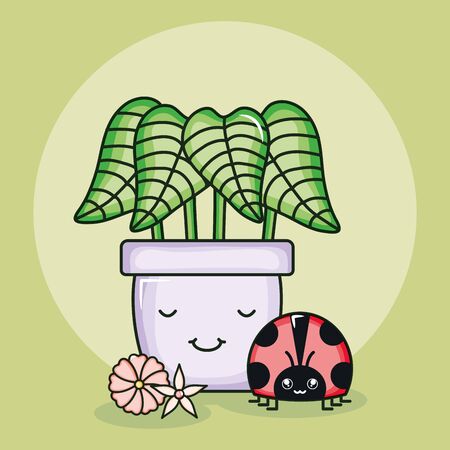 house plant in ceramic pot with ladybug kawaii style vector illustration designのイラスト素材
