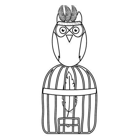owl bird with feathers hat in cage bohemian styleのイラスト素材