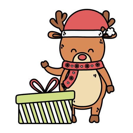 reindeer waving hand with gift decoration merry christmasのイラスト素材