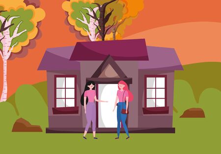 Women cartoons and house in autumn season vector designのイラスト素材