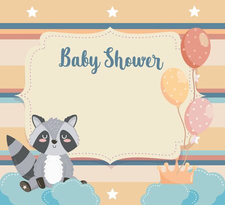 card of raccoon animal with balloons and clouds to baby shower vector illustrationのイラスト素材