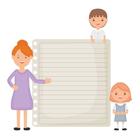 cute little students couple with female teacher and sheet vector illustration designのイラスト素材