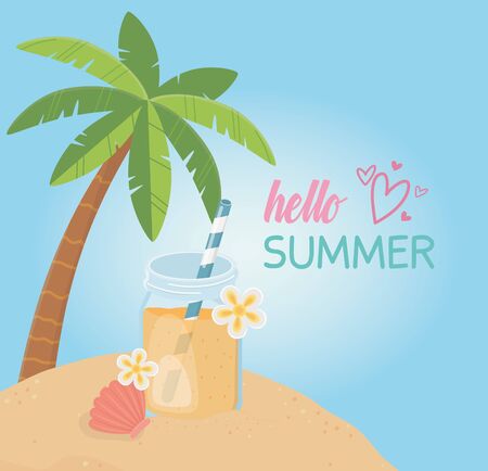 hello summer poster with seascape scene icons vector illustration designのイラスト素材