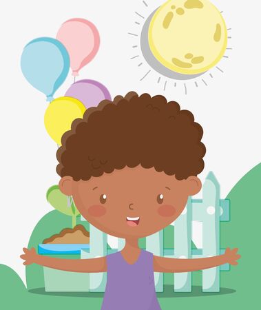 kids zone, cute boy with balloons plant in the outdoor vector illustrationのイラスト素材
