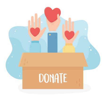 volunteering, help charity donate hands with hearts box vector illustrationのイラスト素材
