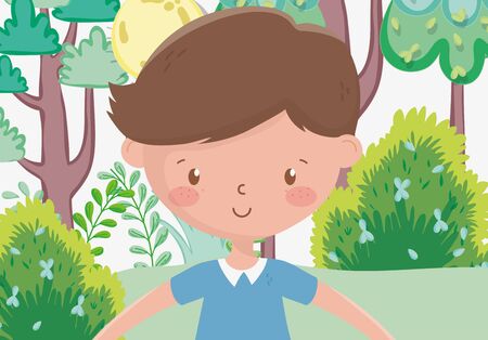 kids zone, cute little boy in the park trees flower sun vector illustrationのイラスト素材