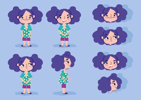 cartoon character animation girl faces with gestures and different posture bodies vector illustrationのイラスト素材