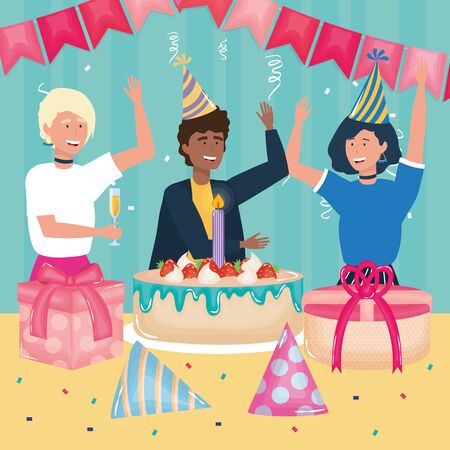 happy birthday, people cake gifts confetti bunting hats celebration party event decoration vector illustrationのイラスト素材