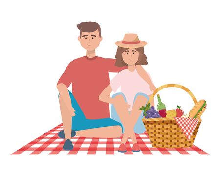 Couple of woman and man having picnic designのイラスト素材