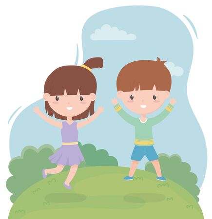 happy childrens day, funny little boy and girl in the fieldのイラスト素材