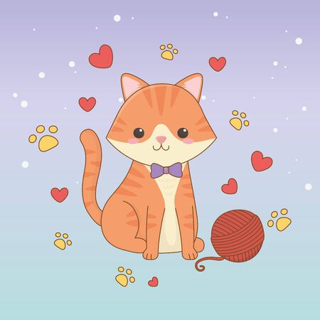 cute little cat mascot with wool roll and hearts patternのイラスト素材