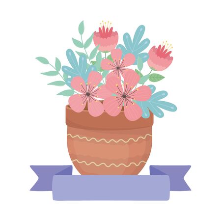 Flowers and leaves inside pot design, floral nature plant ornament garden decoration and botany theme Vector illustrationのイラスト素材
