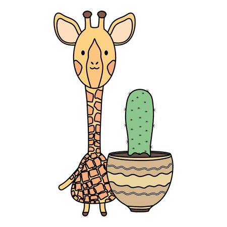 cute giraffe with exotic cactus in ceramic pot vector illustration designのイラスト素材