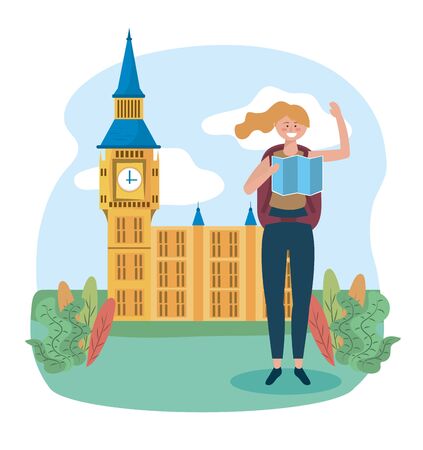 woman with global map and backpack to big ben destination vector illustrationのイラスト素材