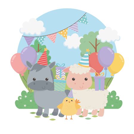 group of cute animals farm in birthday party scene vector illustration designのイラスト素材
