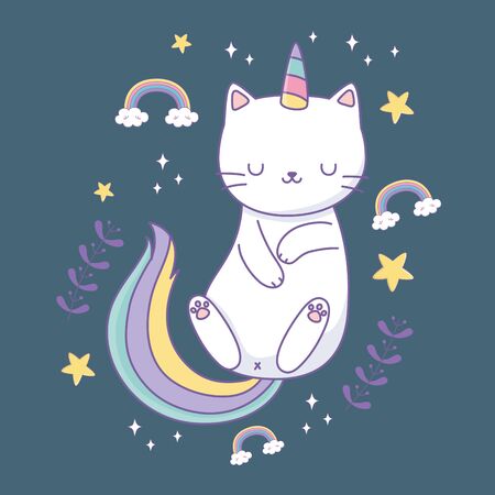 cute cat with rainbow tail kawaii character vector illustration designのイラスト素材