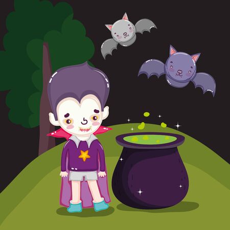 boy with dracula costume and cauldron halloween image vector illustrationのイラスト素材