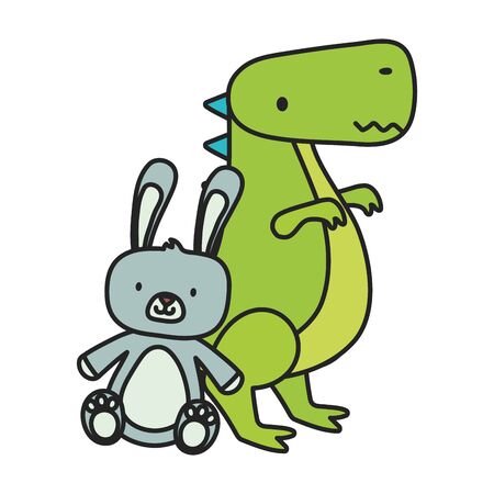 kids toy, green dinosaur and cute rabbit toys on white background vector illustrationのイラスト素材