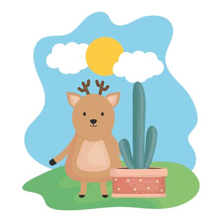 cute deer with exotic cactus in ceramic potのイラスト素材