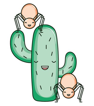 exotic cactu with little spider kawaii characterのイラスト素材