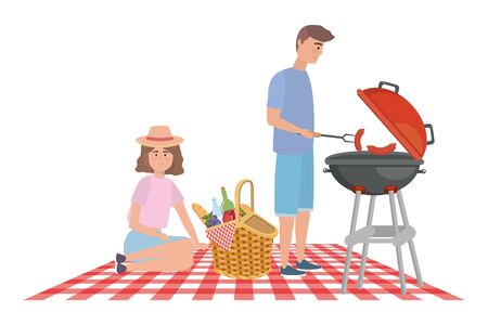 Woman and man cartoon having picnic design, Food summer outdoor leisure healthy spring lunch and meal theme Vector illustrationのイラスト素材