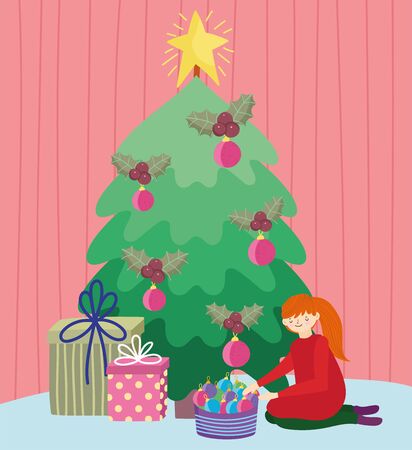 girl hanging tree balls tree gifts merry christmas, happy new year vector illustrationのイラスト素材