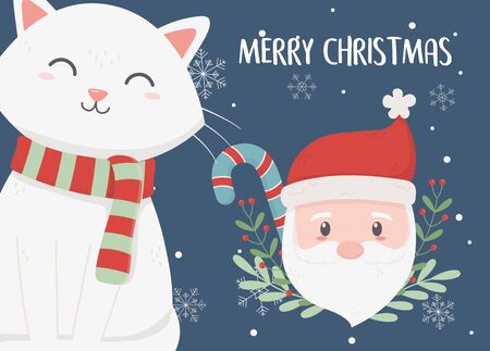 santa and cat candy cane snowflakes merry christmas card vector illustrationのイラスト素材