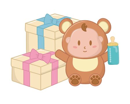bear costume for baby and gift boxesのイラスト素材
