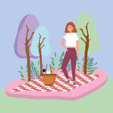 woman standing on blanket and basket food trees picnicのイラスト素材