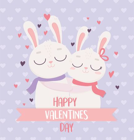 happy valentines day cute couple rabbits hugging love hearts background vector illustrationのイラスト素材
