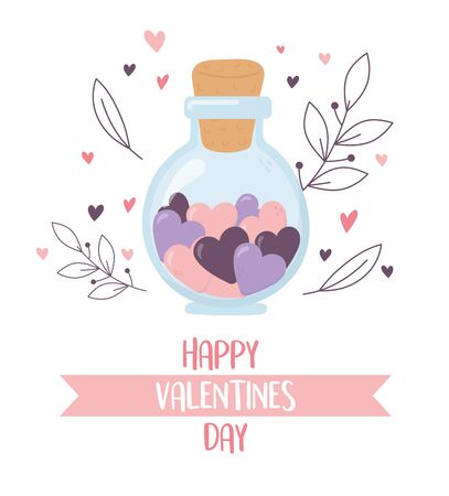happy valentines day, jar glass with hearts love foliageのイラスト素材