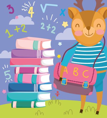 back to school cute deer with bag and stacked books educationのイラスト素材