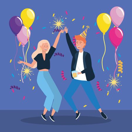 man and woman dancing with balloons and sparklers fireworks to party celebration, vector illustrationのイラスト素材