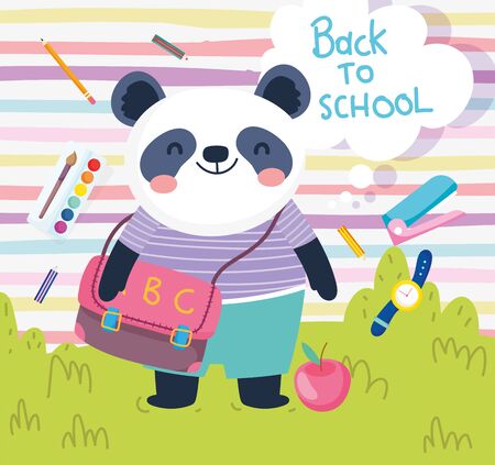 back to school cute panda with bag apple clock color education vector illustrationのイラスト素材