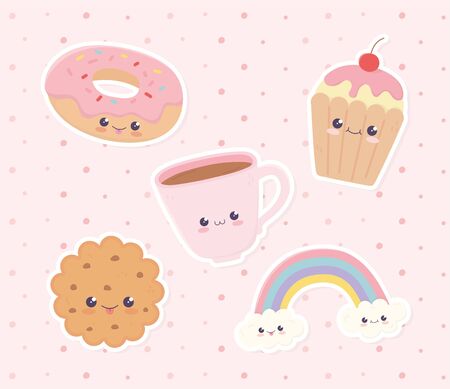 kawaii dessert donut cookie cupcake coffee cup rainbow fast food cartoon vector illustrationのイラスト素材