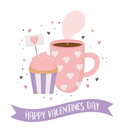 happy valentines day, chocolate cup and sweet cupcake hearts vector illustrationのイラスト素材