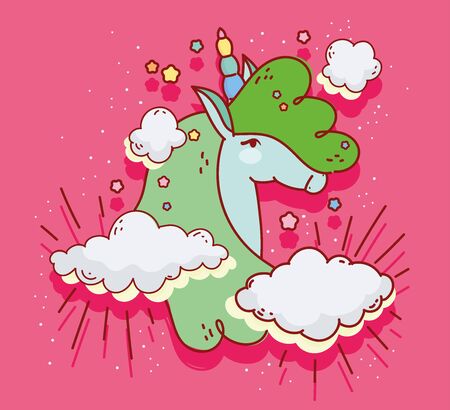 green unicorn clouds dream fantasy magic cartoon vector illustrationのイラスト素材